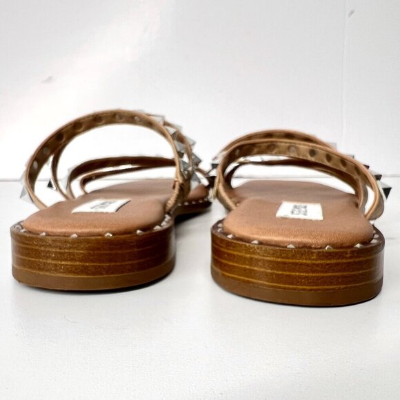 NWOT Sz 8.5 - Steve Madden Skyler Silver Stud 4-Strap Tan Slip-On Sandals - Picture 7 of 13